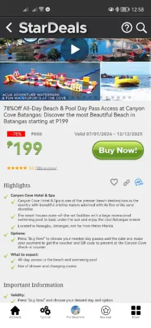 78%Off All-Day Beach & Pool Day Pass Access at Canyon Cove Batangas: Discover the most Beautiful Beach in Batangas starting at P199
